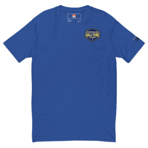 T-shirt with a small Firefighter Challenge Hall of Fame logo on the chest, available in black, red, and blue.