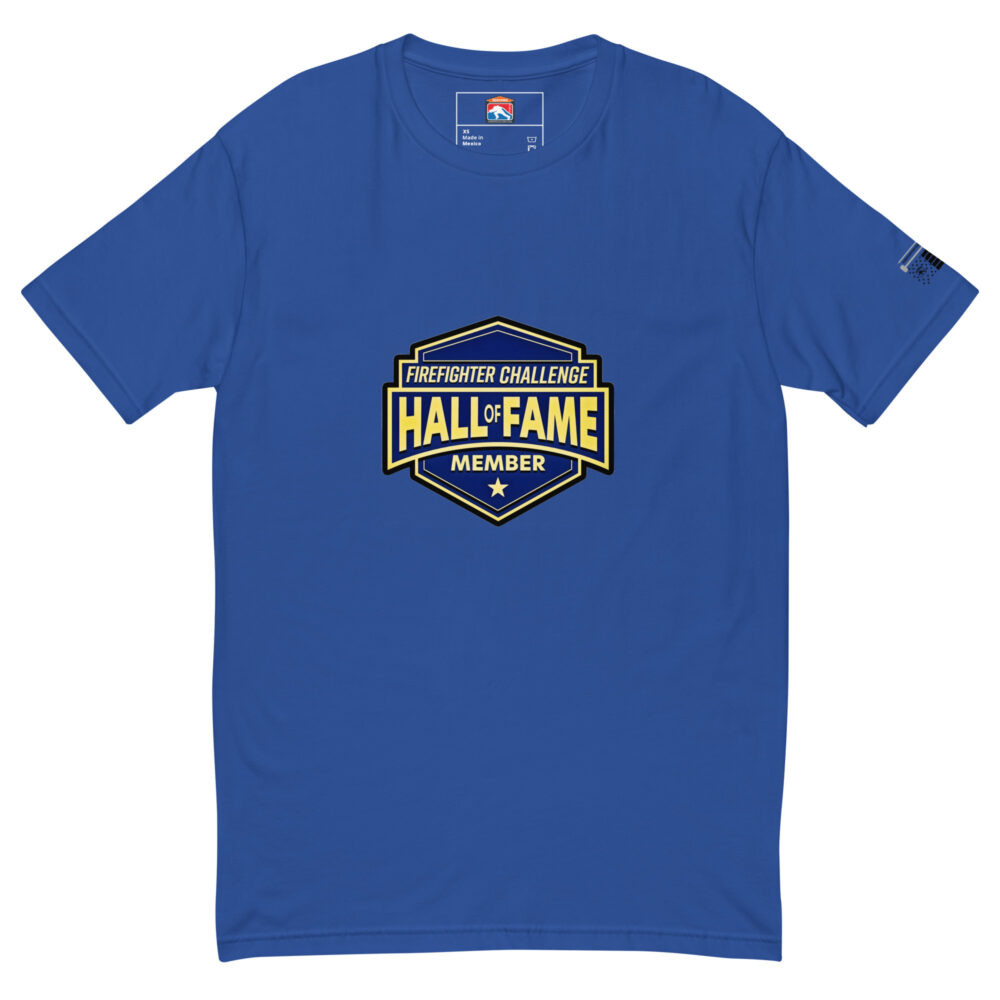 T-shirt with a small Firefighter Challenge Hall of Fame logo on the chest, available in black, red, and blue.