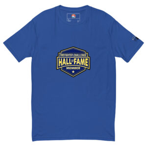 T-shirt with a small Firefighter Challenge Hall of Fame logo on the chest, available in black, red, and blue.