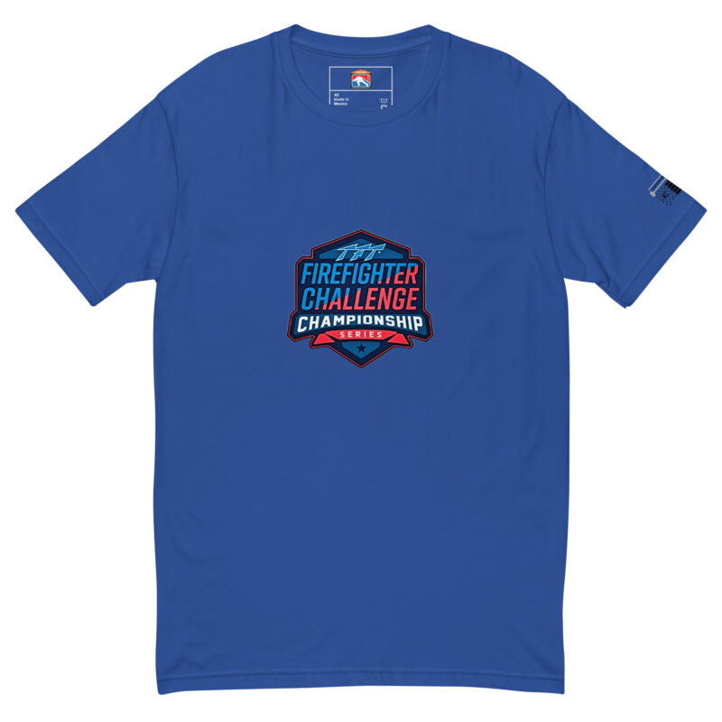 Royal blue T-shirt with a large Firefighter Challenge Championship Series logo on the chest, available in royal blue, black, and red.