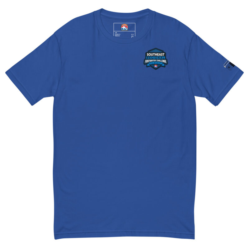 Royal blue T-shirt with a small Southeast Regional Firefighter Challenge logo on the left chest, available in royal blue, black, and navy.