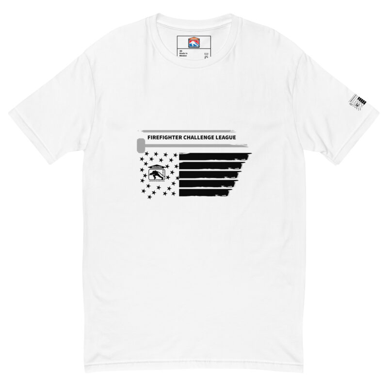 T-shirt with a large black-and-white flag design and the Firefighter Challenge League logo across the chest, available in blue, grey, peach, and white.