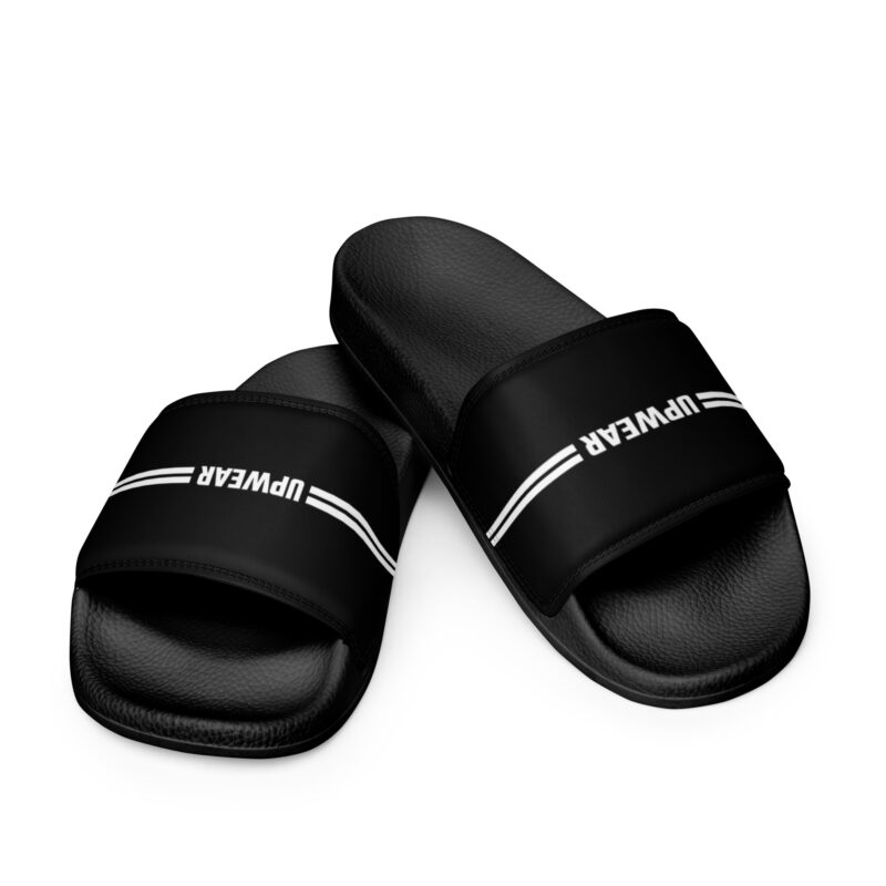 Black UPWEAR Slides with cushioned sole and white stripe design for ultimate comfort and style.