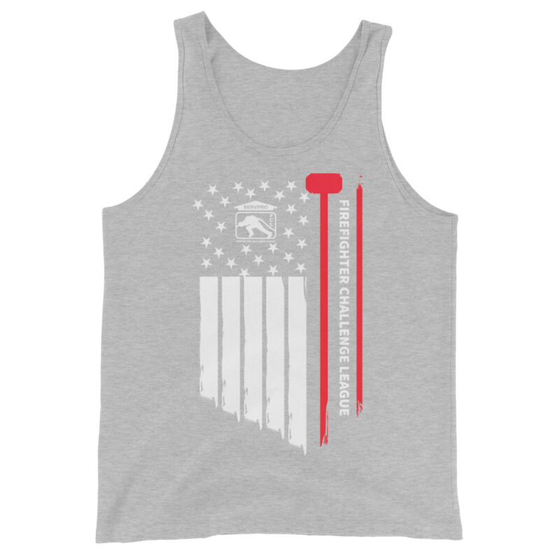 Gray sleeveless firefighter-themed tank featuring a red fire hydrant graphic and bold black text "I'd Tap That" with "Firefighter Challenge League" printed underneath.