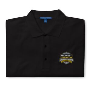 A Midwest Regional Firefighter Challenge polo with an embroidered regional logo on the chest, available in colors such as Cool Grey, Black, Red, Steel Grey, Stone, and White. Designed with a relaxed fit and soft cotton-poly blend.