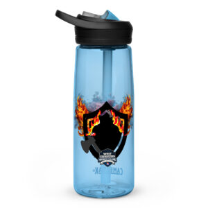 West Regional Firefighter Challenge Hydration Bottle with flame and shield graphic and regional logo.