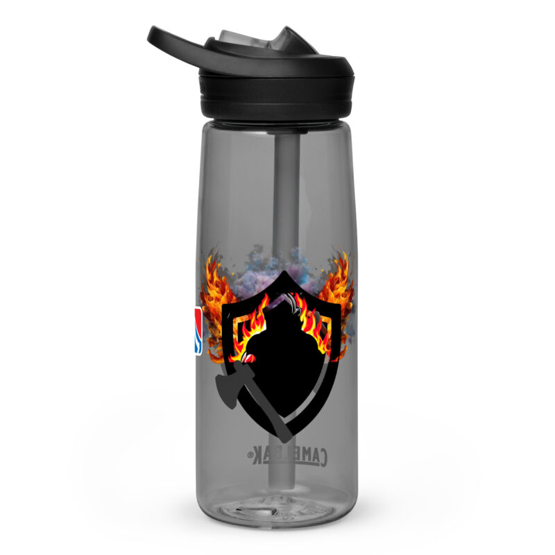 Firefighter Challenge League water bottle with flame graphics and the official FCL logo.