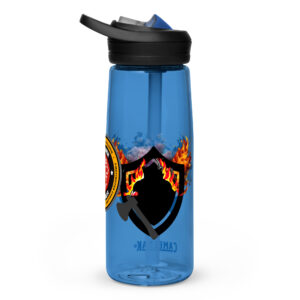 FCL Southeast Regional water bottle with flame and fire axe design, CamelBak®; FCL Hall of Fame Member water bottle, CamelBak®; FCL Lions Den Member fire-themed CamelBak® bottle; Firefighter Challenge League Midwest Regional fire-themed water bottle with axe logo, CamelBak®.