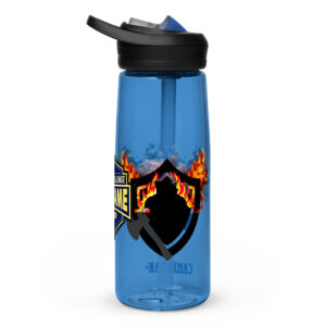 Firefighter Challenge League Hall of Fame Water Bottle with flame and axe design, CamelBak® bottle with Hall of Fame badge.