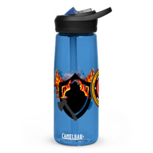 FCL Southeast Regional water bottle with flame and fire axe design, CamelBak®; FCL Hall of Fame Member water bottle, CamelBak®; FCL Lions Den Member fire-themed CamelBak® bottle; Firefighter Challenge League Midwest Regional fire-themed water bottle with axe logo, CamelBak®.