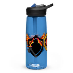 FCL Southeast Regional water bottle with flame and fire axe design, CamelBak®; FCL Hall of Fame Member water bottle, CamelBak®; FCL Lions Den Member fire-themed CamelBak® bottle; Firefighter Challenge League Midwest Regional fire-themed water bottle with axe logo, CamelBak®.