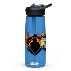 Firefighter Challenge League Hall of Fame Water Bottle with flame and axe design, CamelBak® bottle with Hall of Fame badge.