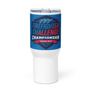 Tumbler with the Firefighter Challenge Championship Series logo in blue, red, and white.