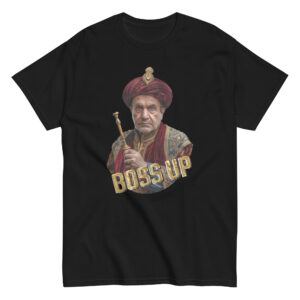 Boss Up t-shirt with regal figure, bold leadership design, gold shimmering text, empowering graphic tee, soft premium fabric.