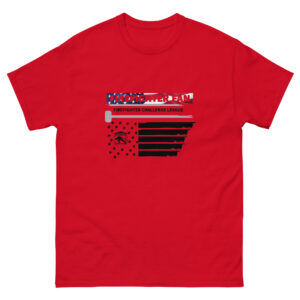 Firefighter Challenge League Fan Tee with an American flag-inspired design and bold "Firefighter Fan" text.