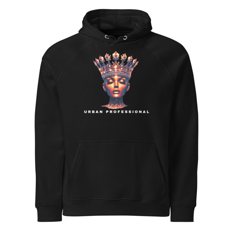 A black hoodie featuring a regal queen-like figure adorned with an intricate crown. The vibrant and elegant design is centered on the chest, with the text 'Urban Professional' placed below the image. The hoodie has a front pocket and a relaxed fit.