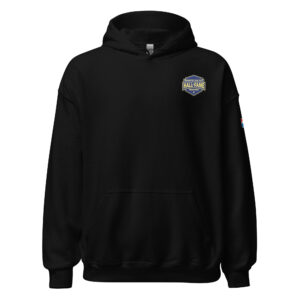 Firefighter Challenge Hall of Fame hoodie featuring a small official logo on the chest.