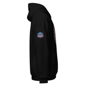 Black hoodie with "Proud FCL Firefighter Wife" text surrounding a graphic of an American flag and firefighter challenge logo.