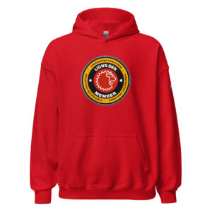 Red Lion's Den Member Hoodie featuring the Lion's Den emblem for the Firefighter Challenge.