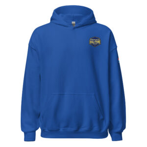 A blue Firefighter Challenge Hall of Fame hoodie featuring a small official logo on the chest.