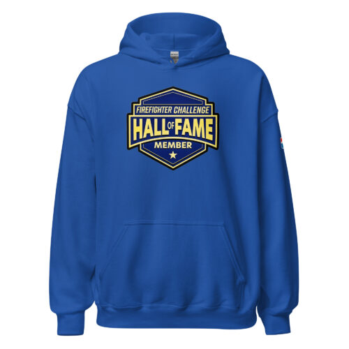 Blue Firefighter Challenge Hall of Fame Member hoodie featuring a large official logo on the chest.