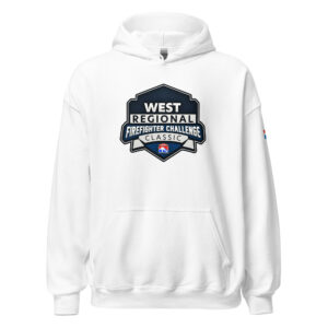 White hoodie with the large West Regional Firefighter Challenge Classic logo on the chest.