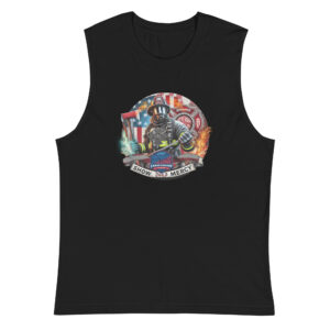 Black sleeveless muscle tank with a large colorful graphic of a firefighter in front of flames and an American flag, with the Firefighter Challenge League (FCL) logo and "Show No Mercy" text.