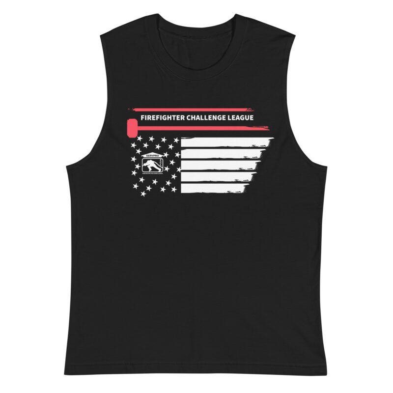 Black muscle tank featuring an American flag-inspired graphic with the Firefighter Challenge League logo in white and red accents.