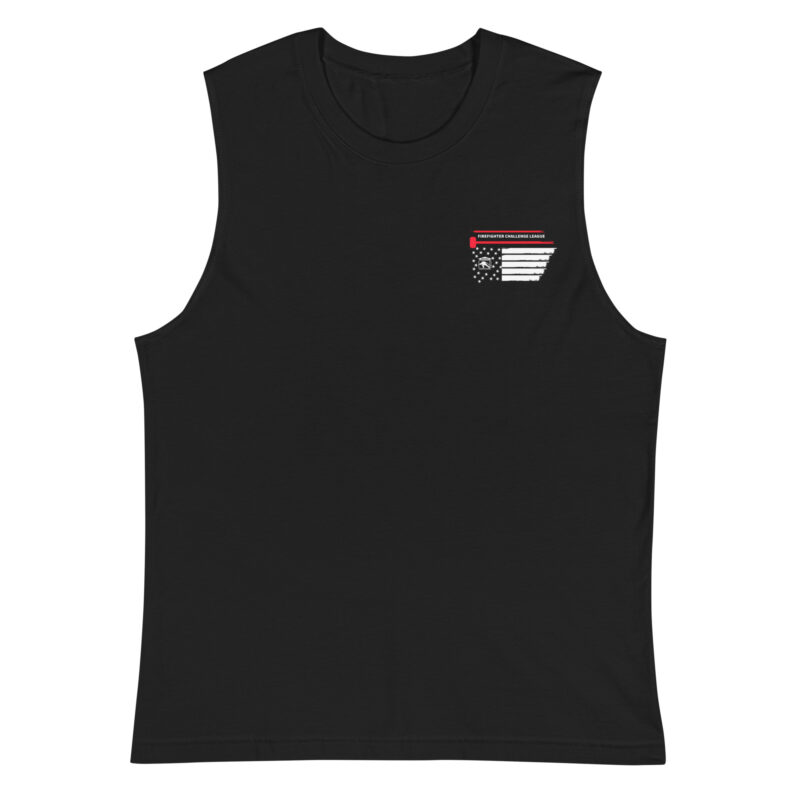 Black muscle tank with a small Firefighter Challenge League logo in an American flag design on the left chest.