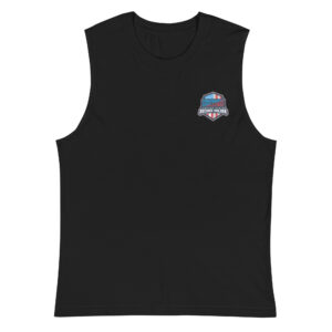 Black muscle tank with the Firefighter Challenge League Record Holder logo on the left chest.