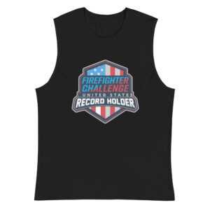 Black muscle tank with the Firefighter Challenge League U.S. Record Holder logo centered on the front.