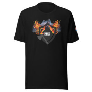 A black t-shirt featuring a bold graphic of a firefighter shield with flames surrounding it. Inside the shield, there is the FCL (Firefighter Challenge League) logo, and a firefighter axe is crossed over the shield. The t-shirt represents the strength and unity of firefighters.