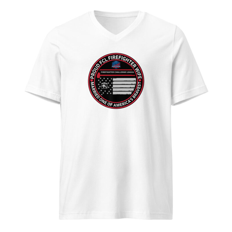 White Proud FCL Firefighter Wife V-neck tee with firefighter support emblem, lightweight comfortable cotton, perfect for firefighter spouses.