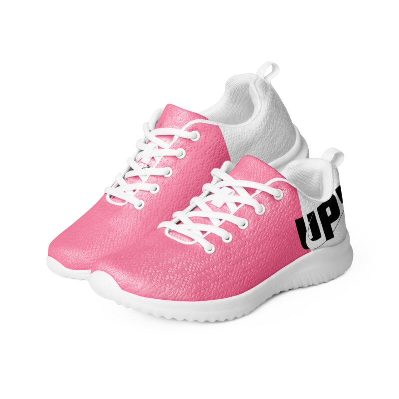 UPWEAR pink and white sport trainers, dual-tone design, comfortable running shoes, breathable mesh, bold black logo.