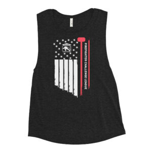 tank top with an artistic white and red American flag design. The white stars sit on the left chest, paired with the Firefighter Challenge League badge, and a large red fire axe is displayed along the right side. The back features the Firefighter Challenge League logo for a clean, bold look.