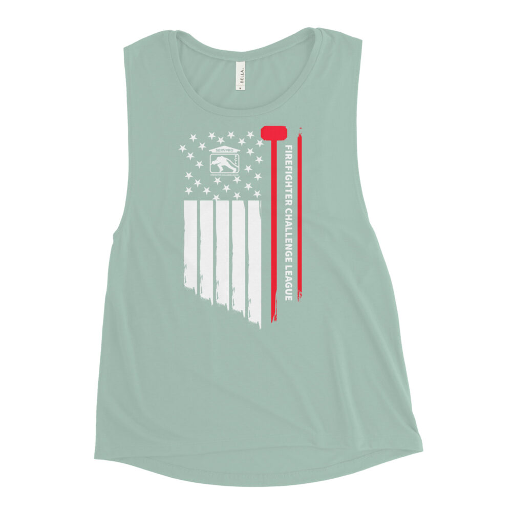 tank top with an artistic white and red American flag design. The white stars sit on the left chest, paired with the Firefighter Challenge League badge, and a large red fire axe is displayed along the right side. The back features the Firefighter Challenge League logo for a clean, bold look.