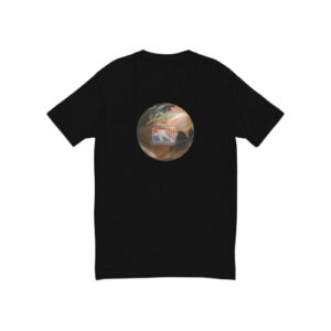 black t-shirt featuring a circular design with a metallic globe overlaid with the SERVPRO® Firefighter Challenge League logo. The logo shows a firefighter in action, and the globe has an American flag reflected on it.