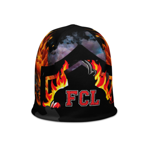 black beanie featuring bold flames on the sides and the FCL logo in red letters across the front. The vibrant flame design contrasts with the dark background, creating a striking visual.