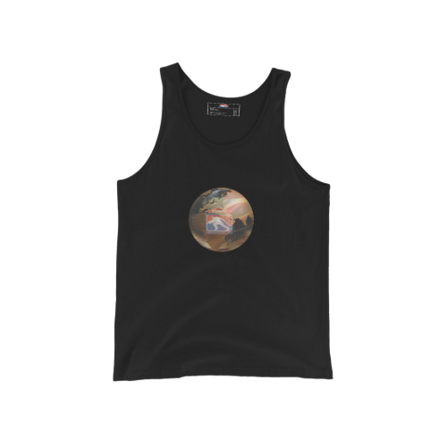 black tank top featuring a globe design with the FCL (Firefighter Challenge League) logo in the center. The globe has a faint reflection of the American flag, representing global firefighter unity