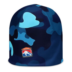 A blue camouflage beanie featuring the SERVPRO® Firefighter Challenge League logo on the front. The beanie has various shades of blue in the camo pattern, offering a bold and modern design.