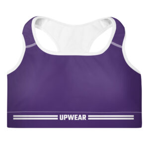 A front view of the UpWear contour sports bra in purple with a white racerback design. The bra features contouring for added support and shape, and the 'UPWEAR' logo is prominently displayed on the bottom band.