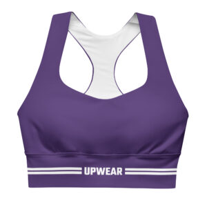 A sleek purple sports bra featuring a racerback design and white accents with the 'UPWEAR' logo across the bottom band. The design is supportive and stylish, ideal for high-performance workouts.