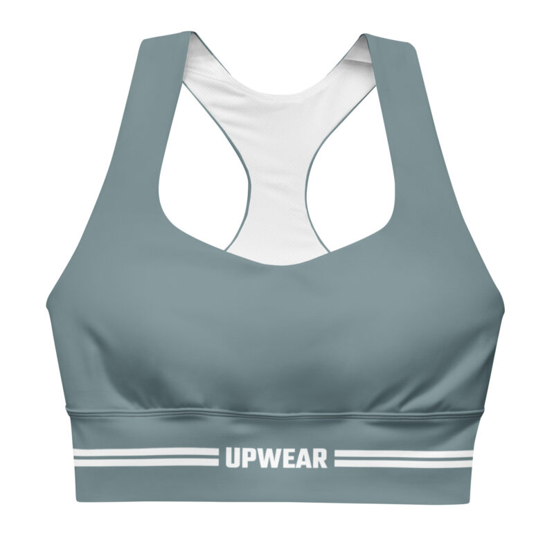 Slate grey racerback sports bra with white accents and UPWEAR branding across the bottom band.