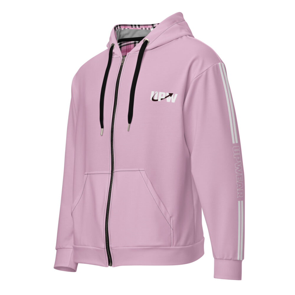 Lilac zip-up hoodie with black drawstrings, UPW branding on the chest, and stripe accents on the sleeves