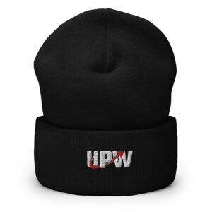 A black cuffed beanie featuring the UPW logo embroidered in white and red on the front. The logo includes an upward arrow, symbolizing progress and strength.