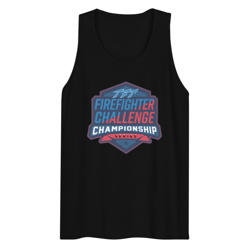 A black tank top featuring the Firefighter Challenge Championship Series (FCCS) logo in blue, red, and white on the front. The bold logo showcases the official branding for the championship event