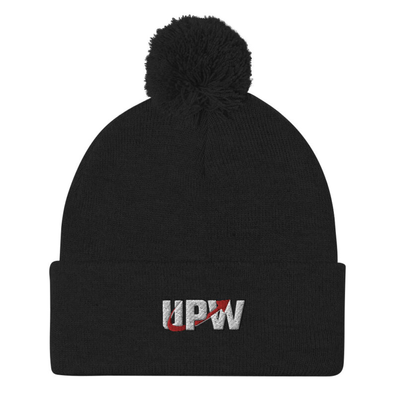 black pom-pom beanie with the UPW logo embroidered on the front.