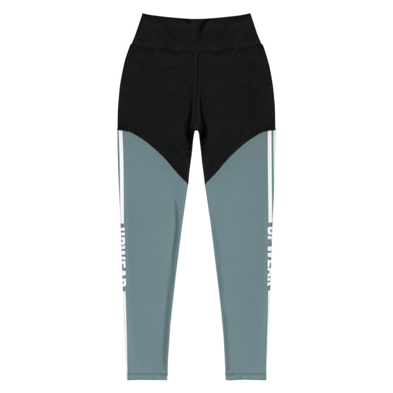 Two-tone high-waist leggings with a black top section and grey bottom, featuring white lettering down the sides.