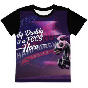 black FCCS-themed T-shirt featuring a purple background, an FCCS mascot graphic, and the text 'Daddy FCCS’s Hero.