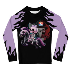 long-sleeve FCL Future Stars rash guard with a black body, purple flame design on the sleeves, and a fun FCL mascot graphic on the chest